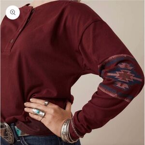 Ariat Maroon Long Sleeve Tee with Aztec Elbow Patch